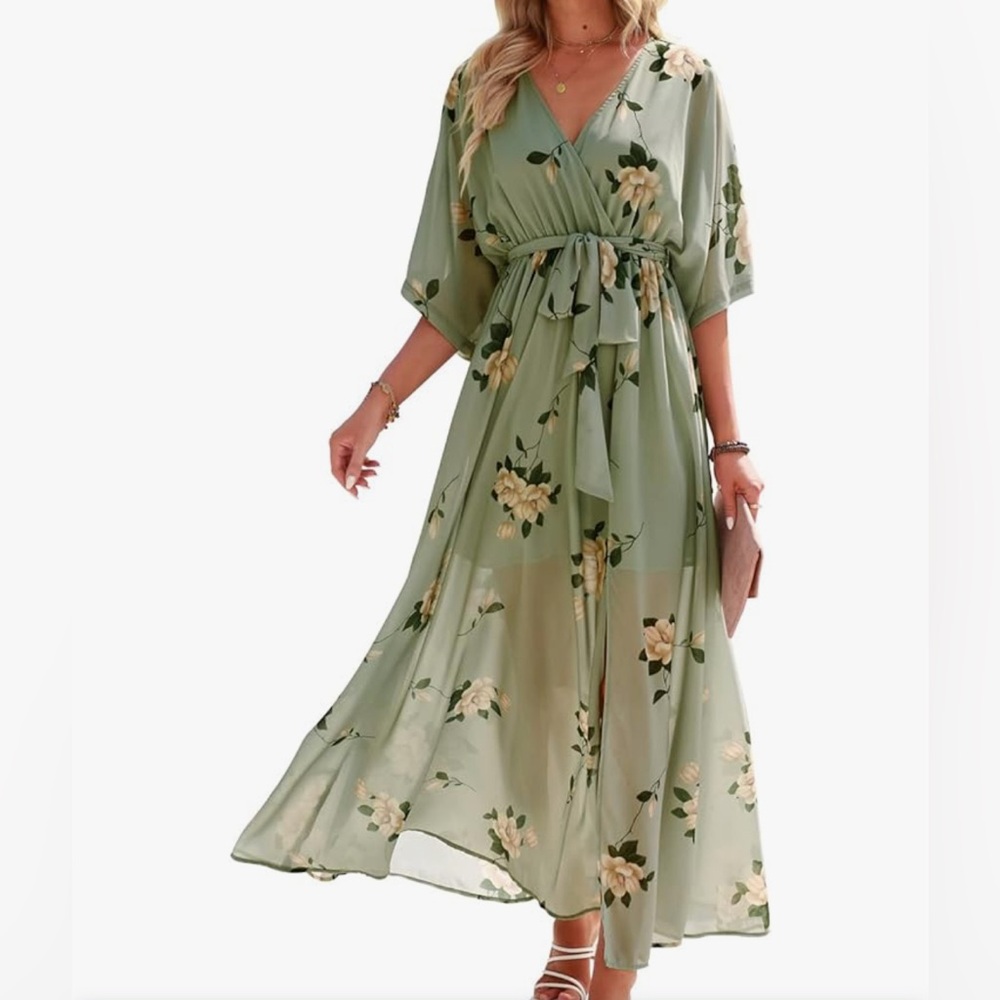 ANRABESS Women’s Loose Boho Flowy Wrap V Neck Floral Print  Long Dress